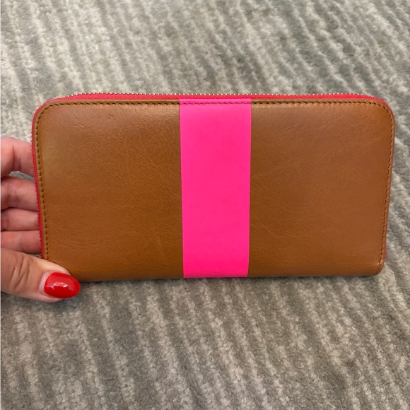 Clare V. | Zip Wallet, Natural with Neon Pink Stripe - Excellent Condition - Picture 2 of 6